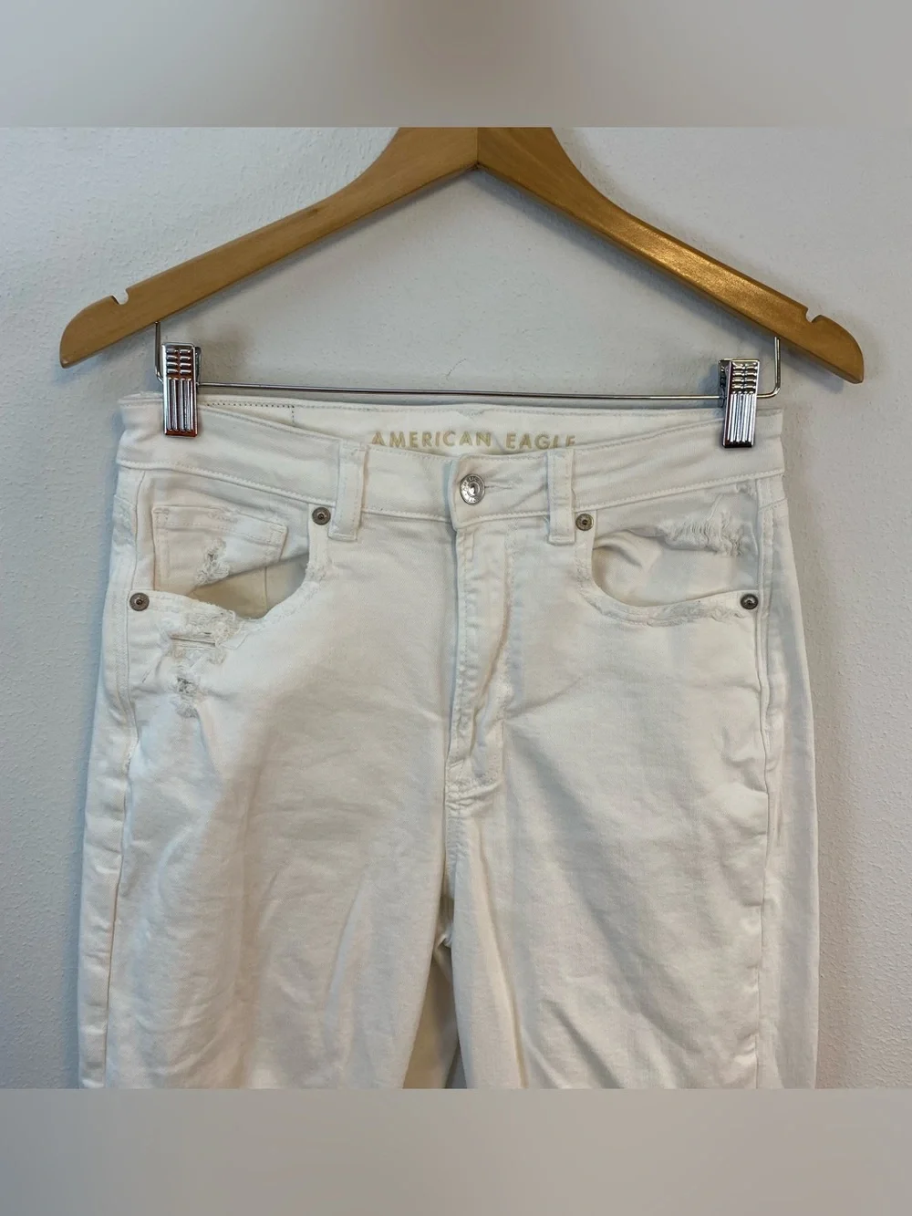 American Eagle Mom Straight Jean White Distressed Stretch Womens 6